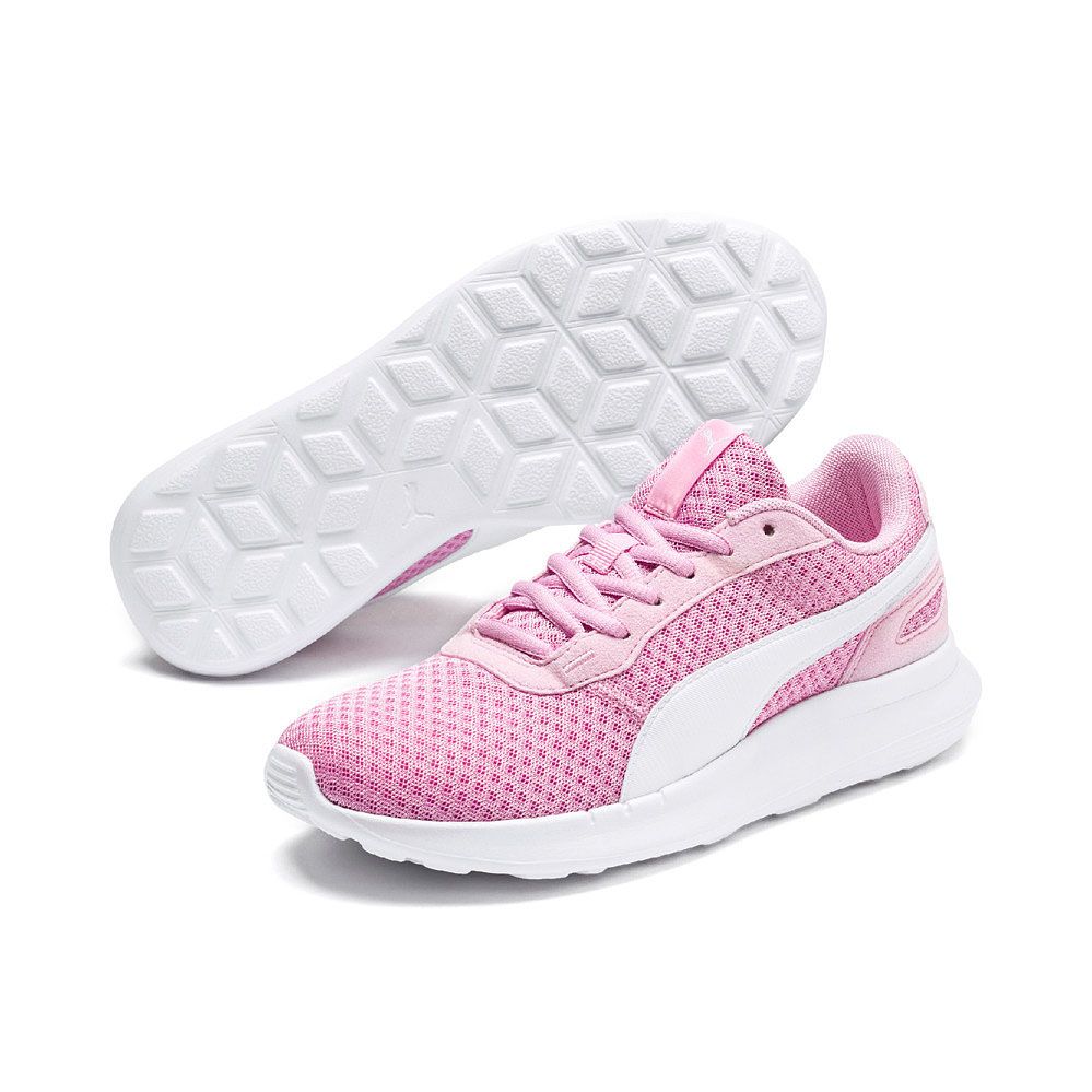 white and pink puma shoes