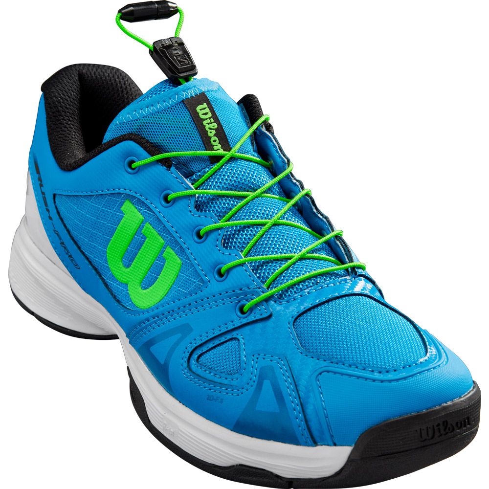 blue and green tennis shoes